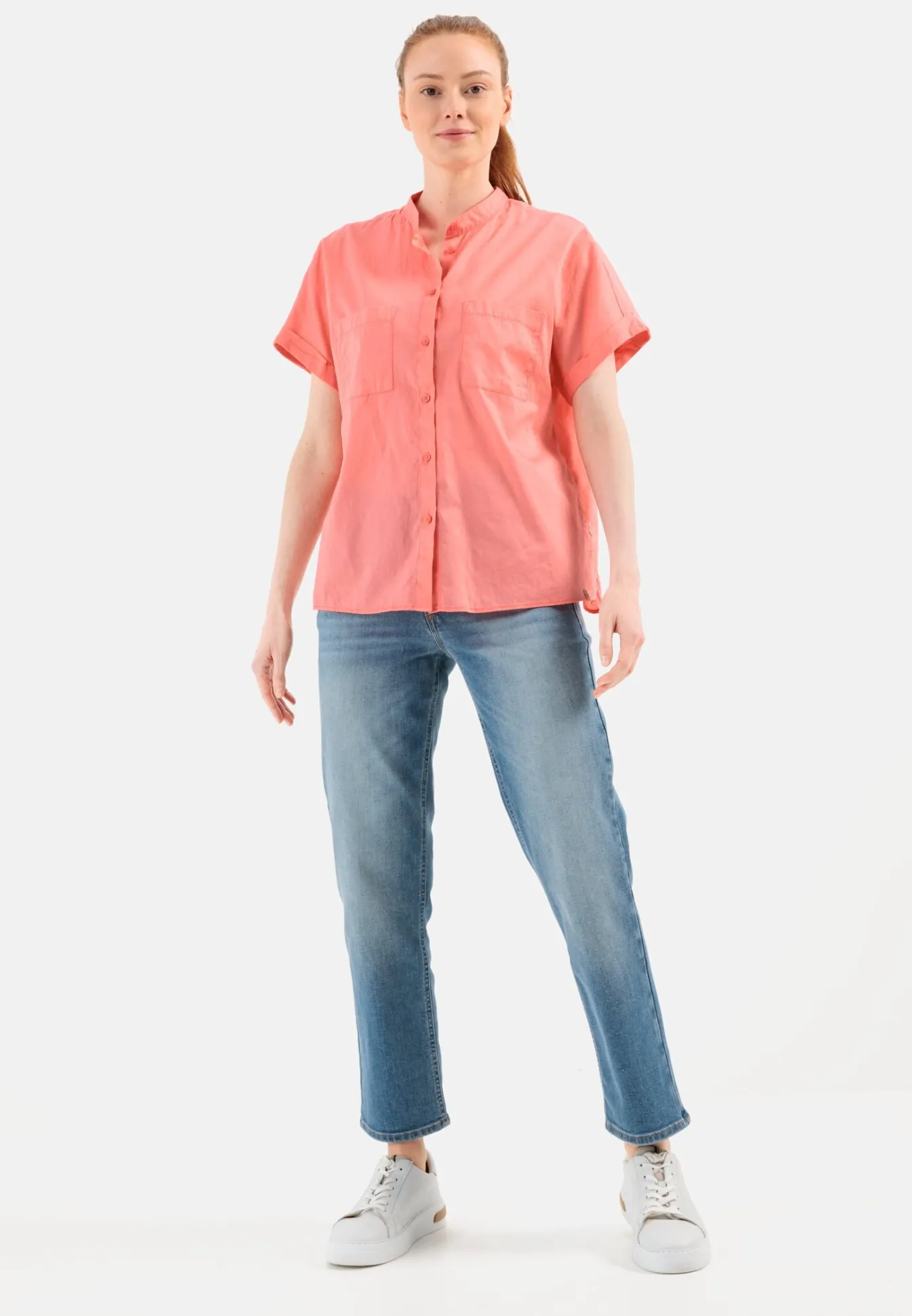 Damen Camel Active Blusen^Baumwollbluse mit Stehkragen