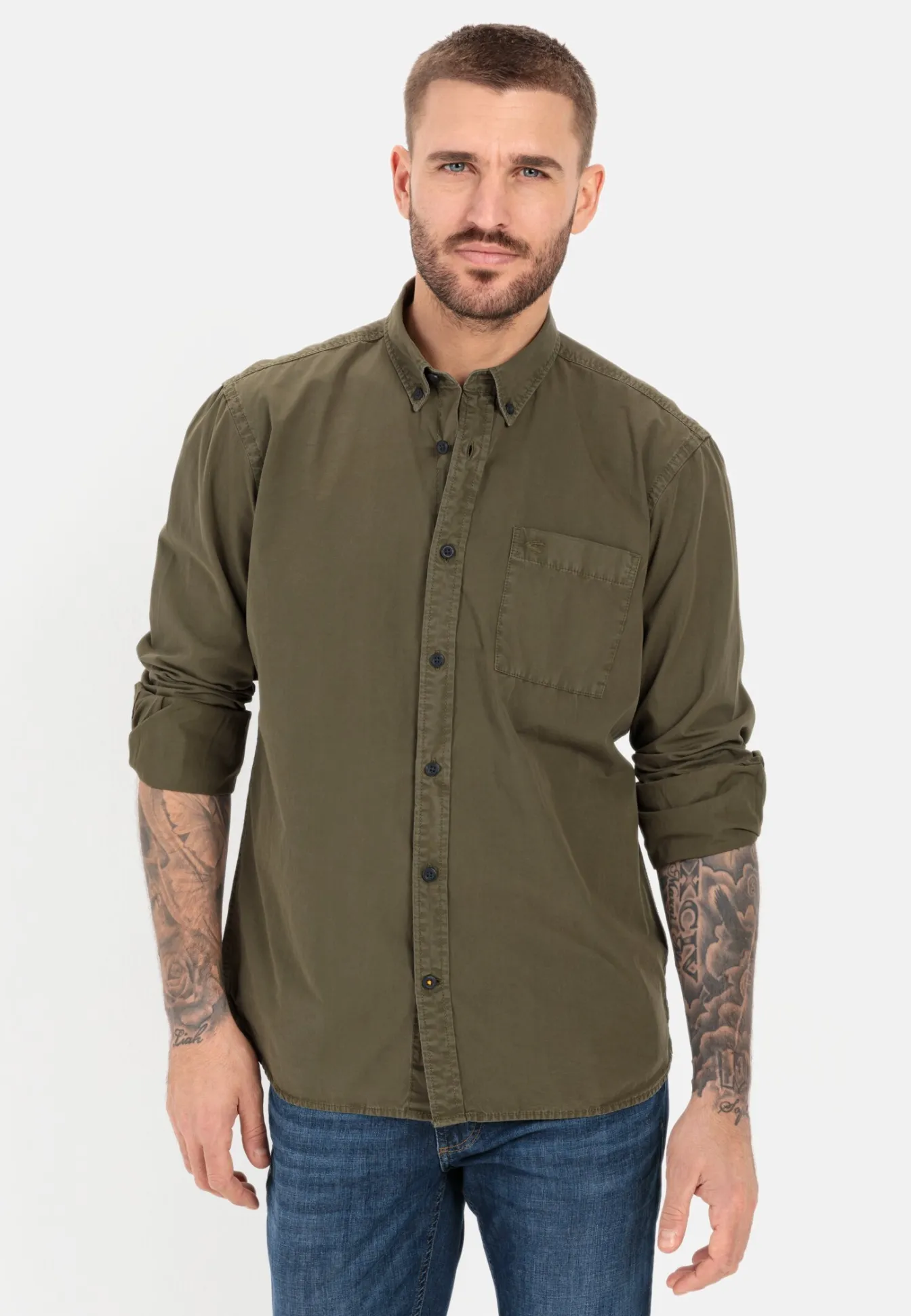 Herren Camel Active Hemden^Langarm Shirt aus reiner Baumwolle mit Button-Down Kragen und Brusttasche