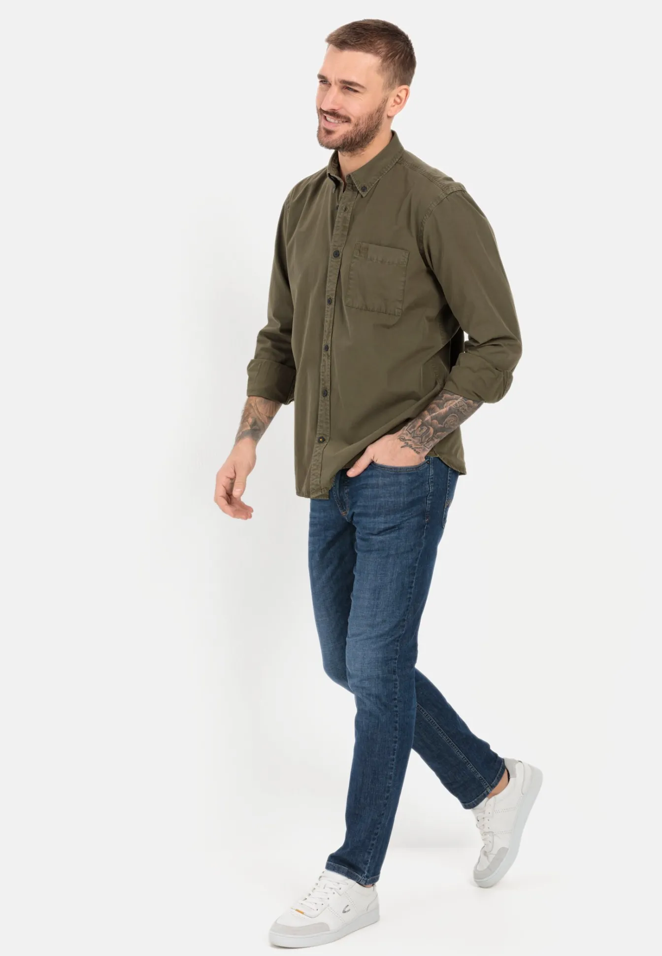 Herren Camel Active Hemden^Langarm Shirt aus reiner Baumwolle mit Button-Down Kragen und Brusttasche
