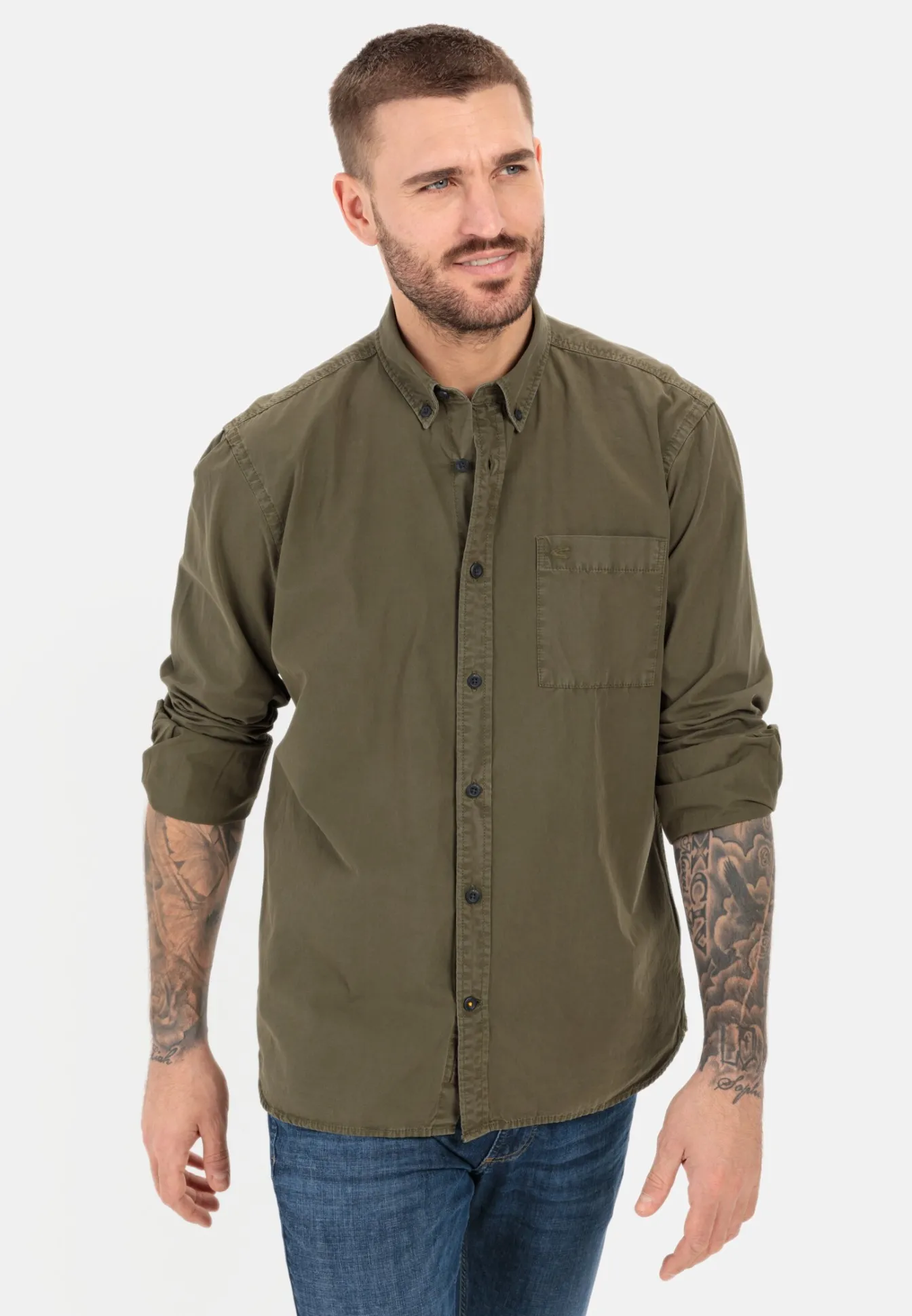 Herren Camel Active Hemden^Langarm Shirt aus reiner Baumwolle mit Button-Down Kragen und Brusttasche